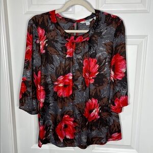 Boden Floral Poppy Blouse Size 10 Silk Blend 3/4 Sleeve Pleats Multicolor